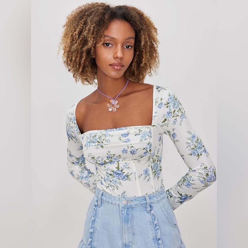Cider Santorini Beach Vacation Floral Square Neck Ruched Bodysuit